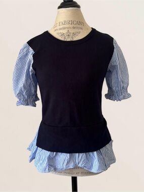 Anthropologie Navy Knit Top with Blue-White Striped Poplin Sleeves